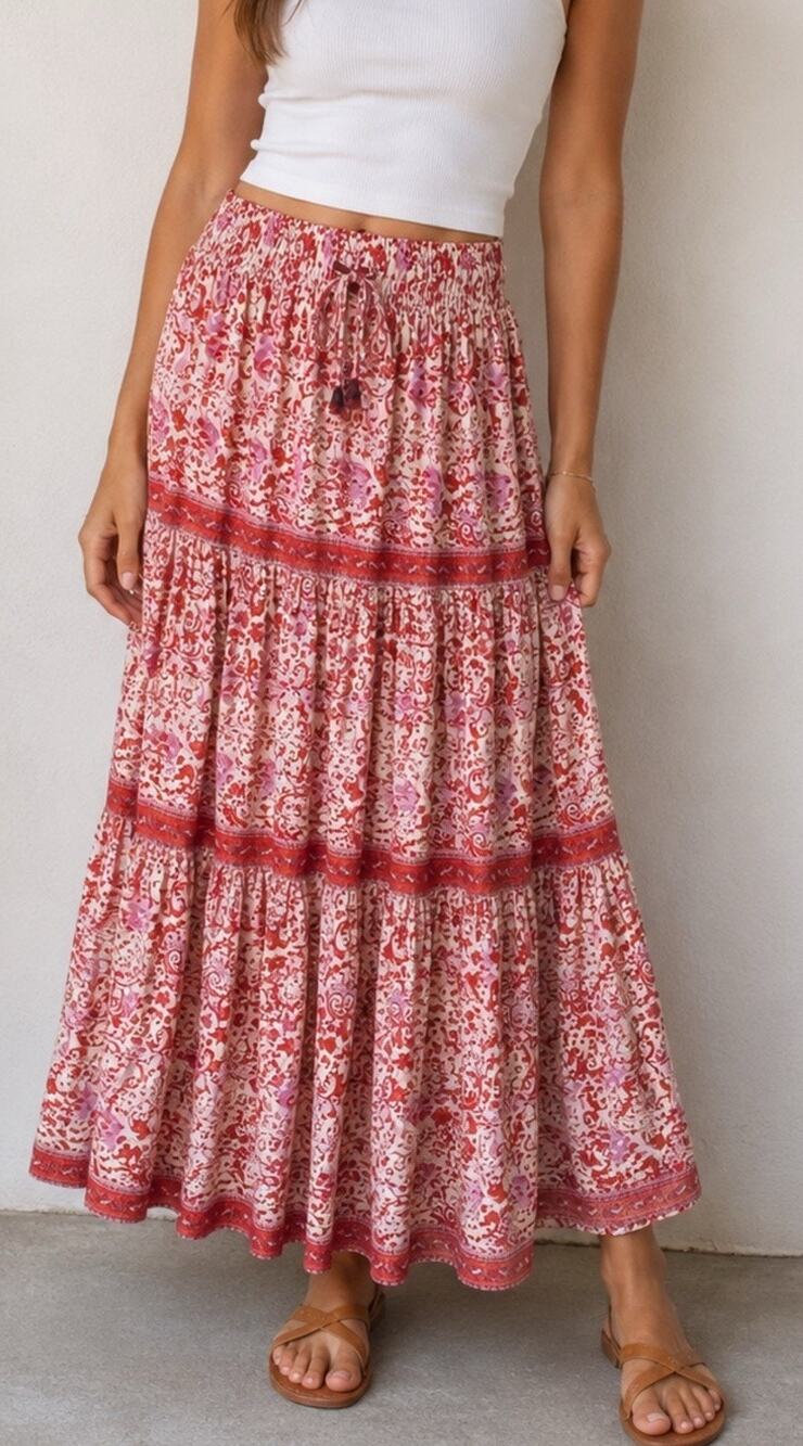 Japna Floral Print Tiered Maxi Skirt Boho Cottagecore Button Front XS